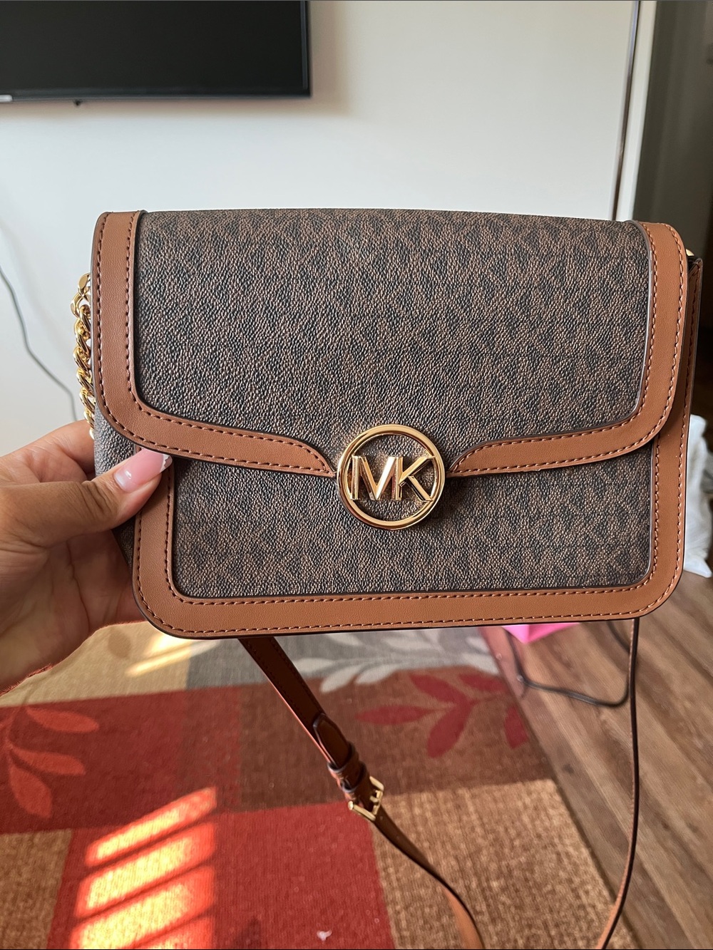 Michael Kors Brown and Tan MK Logo Crossbody Bag